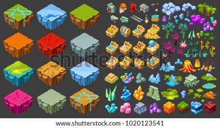 Isometric game landscape icons set with different islands mining industry treasure chests nature elements isolated vector illustration