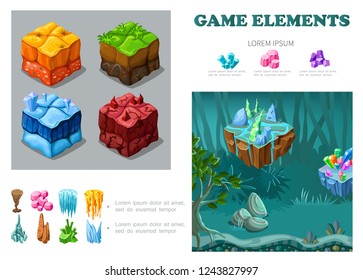 Concepto infográfico de juegos isométricos con hierba de arena helado lava suelos cristales minerales piedras estalactitas fantasía ilustración de los vectores de los bosques