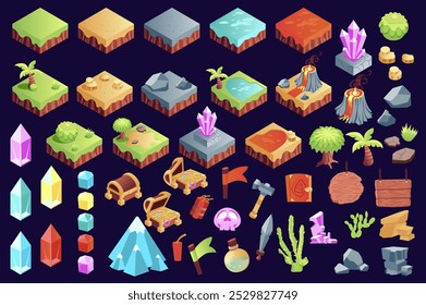 Elementos de mega set de paisagem de jogo isométrico em design gráfico plano. Objetos de coleção de ativos de construção com grama, areia, plataformas marítimas, bandeira, garrafa, espada, livro, outros sinais. Ilustração vetorial.