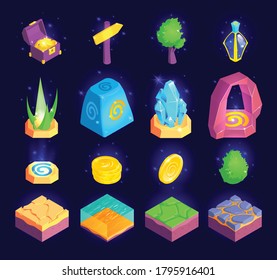 Isometric game landscape set of isolated terrain pieces with trees plants and jewels with golden coins vector illustration