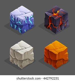 Isometric game nature brick cubes set. Vector lava cube, stone and ice cube design elements for games.