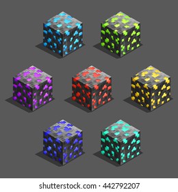Isometric game pixel brick cubes set. Cube for game, element pixel texture for computer game. Vector illustration.
