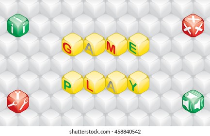 Isometric Game Play Composition with Cube Based Buttons and Block Pattern Wallpaper - Green Red Yellow Colored Elements on Grey Background - 3d Illusion Gradient Graphic