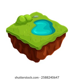 isometric game summer plain landscape with lake, vector illustration