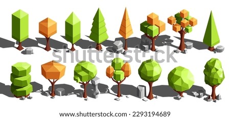 Isometric game trees set. Collection of polygonal green and yellow plants and stones. Interface elements for garden and forest design. Cartoon vector illustrations isolated on white background