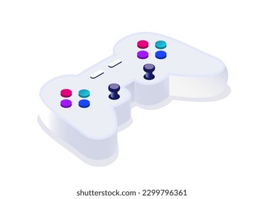 Isometric gamepad concept. White controller and joystick. Video games and entertainment. Modern technologies and innovations. Template, layout and mock up. Cartoon vector illustration