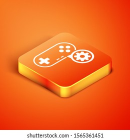Isometric Gamepad and gear icon isolated on orange background. Adjusting app, service concept, setting options, maintenance, repair, fixing.  Vector Illustration