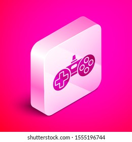 Isometric Gamepad icon isolated on pink background. Game controller. Silver square button. Vector Illustration
