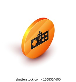 Isometric Gamepad icon isolated on white background. Game controller. Orange circle button. Vector Illustration