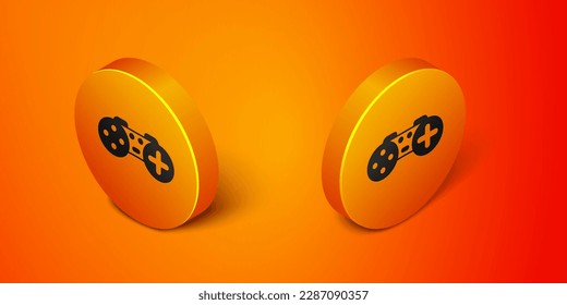 Isometric Gamepad icon isolated on orange background. Game controller. Orange circle button. Vector