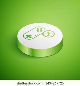 Isometric Gamepad with screwdriver and wrench icon isolated on green background. Adjusting, service, setting, maintenance, repair, fixing. White circle button. Vector Illustration