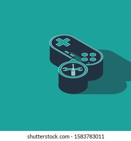 Isometric Gamepad with screwdriver and wrench icon isolated on green background. Adjusting, service, setting, maintenance, repair, fixing.  Vector Illustration