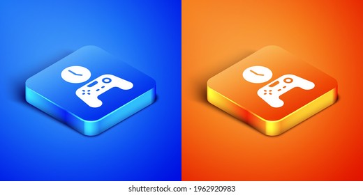 Isometric Gamepad of time icon isolated on blue and orange background. Time to play games. Game controller. Square button. Vector