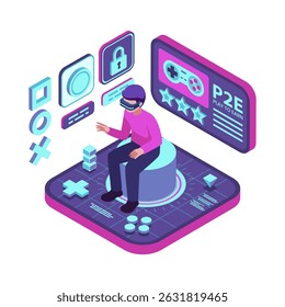 Isometric Gamer Playing Play to Earn P2E Crypto Gaming in Metarverse with VR Headset. Play to Earn and Metaverse Gaming Concept