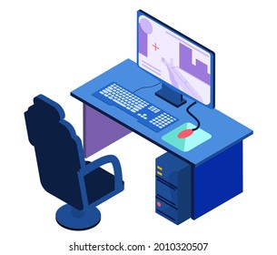 Isometric gamer setup chair, keyboard, mouse speaker computer display tablet table isolated vector illustration cybersport. Gamers seat at computer at desk with system unit and monitor, game equipment