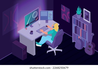 Isometric gamers composition with indoor view of living room with neon lighting and gamer at computer vector illustration