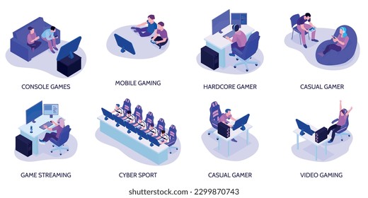 Isometric gamers set of isolated compositions with text captions characters of gamers with armchairs and computers vector illustration