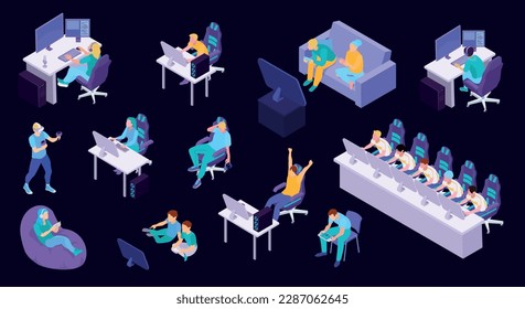 Isometric gamers set with isolated icons of people and gaming accessories cyber sports team and electronics vector illustration