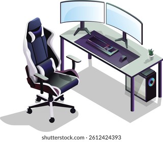 Isometric gaming desk setup with dual monitors and gaming chair
