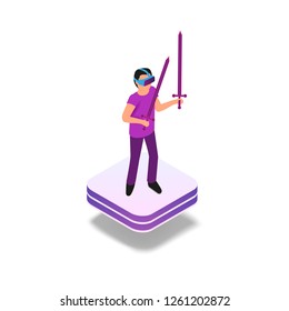 Isometric Gaming Experience in Virtual Reality. Vector Illustration Guy Playing Video Game Using Virtual Reality Glasses. Hologram Projection Virtual Sword. Future Entertainment Industry
