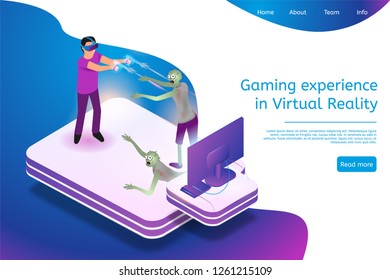Isometric Gaming Experience in Virtual Reality. Vector Banner Illustration Guy Play Video Game Using Virtual Reality Glasses. Fighting Zombie with Help Virtual Weapons. Future Entertainment Industry