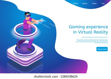 Isometric Gaming Experience in Virtual Reality. Vector Banner Illustration Guy Playing Video Game Using Virtual Reality Glasses. Hologram Projection Virtual Weapons. Future Entertainment Industry