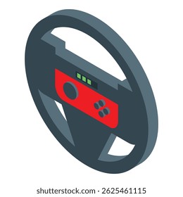 Isometric gaming steering wheel with red control panel, buttons and green indicator lights