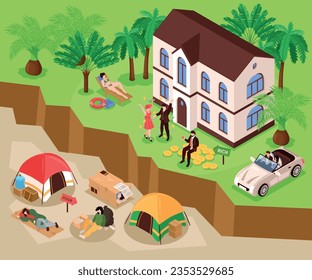 Isometric gap between rich and poor composition with outdoor landscape and people living above and underground vector illustration