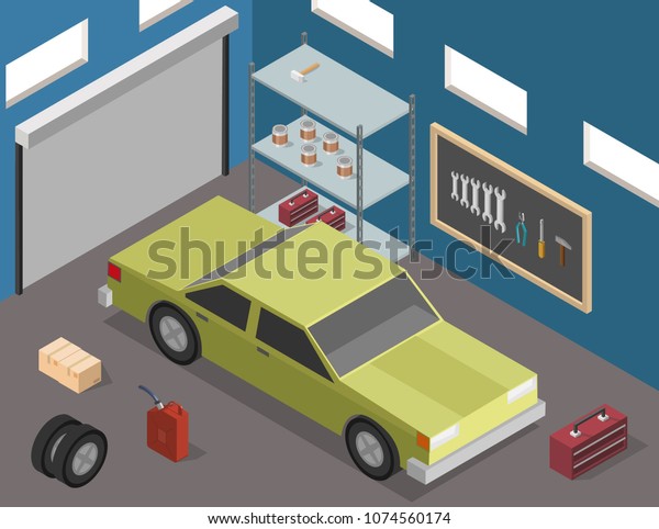 Isometric Garage Center Mechanical car service with\
repair Check Up vehicles of wheel machine and vector illustration\
big set