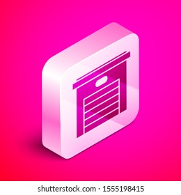 Isometric Garage icon isolated on pink background. Silver square button. Vector Illustration