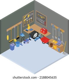 Isometric Garage Room With Handyman Tool And Gardening Tools