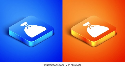 Icono de bolsa de basura isométrica aislado sobre fondo azul y naranja. Botón cuadrado. Ilustración vectorial