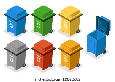 Isometric garbage cans trash separation recycling isolated flat design icons set vector illustration