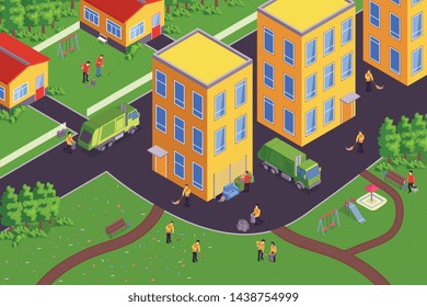 Isometric garbage composition with cleaning street sweep collect garbage clean the leaves vector illustration