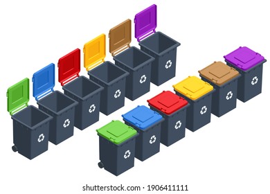 Isometric Garbage containers of different types. Sorting paper, plastic, metal, bio, e-waste and glass. Segregation, recycling, environmental protection.