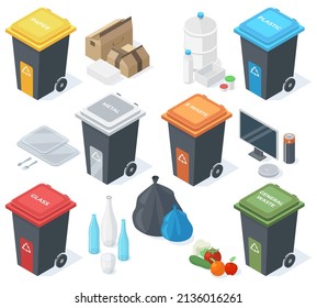 Isometric garbage multicolour trash cans, waste recycle bins. Plastic, glass, organic or paper garbage cans, 3d trash bins vector illustration. Waste recycle baskets. Trash bin recycling container