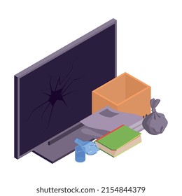 Isometric garbage recycling composition with sorting and pressing recycle infrastructure elements vector illustration
