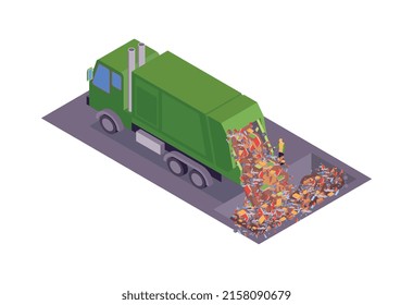 Isometric garbage recycling composition with sorting and pressing recycle infrastructure elements vector illustration
