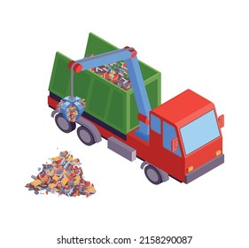 Isometric garbage recycling composition with sorting and pressing recycle infrastructure elements vector illustration