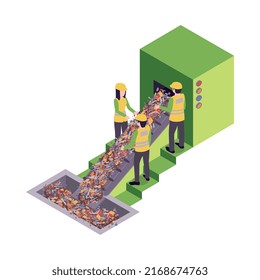 Isometric garbage recycling composition with sorting and pressing recycle infrastructure elements vector illustration