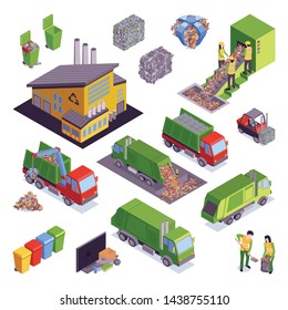 Isometric garbage recycling icon set with sorting and pressing garbage containers and trucks vector illustration