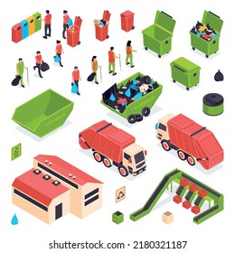 Isometric garbage recycling icon set with trash bags garbage collectors containers and machines vector illustration