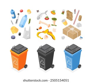 Isometric garbage trash cans. Waste bins and sorting garbage. Plastic glass paper and organic. Recycling, environmental care and support, flawless vector scene