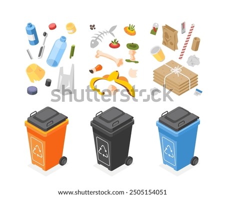 Isometric garbage trash cans. Waste bins and sorting garbage. Plastic glass paper and organic. Recycling, environmental care and support, flawless vector scene