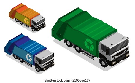 Isometric garbage truck. Collection, sorting and recycling of garbage in the city, metropolitan area. Realistic 3D vector isolated on white background