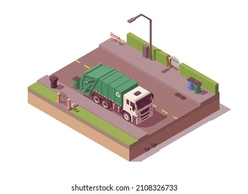 Isometric garbage truck picking trash on the street. Vector illustration. Collection svg