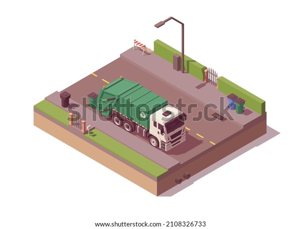 Isometric garbage truck picking trash on the\
street. Vector illustration.\
Collection