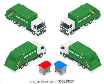 Isometric Garbage Truck With Trash Green Rubbish Recycling Symbol Icon Isolated On White Background Vector Illustration