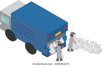 Isometric garbage truck and workers collecting garbage illustration