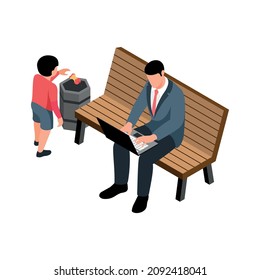 Isometric garbage waste recycling composition with man sitting on park bench and boy dropping apple into bin vector illustration